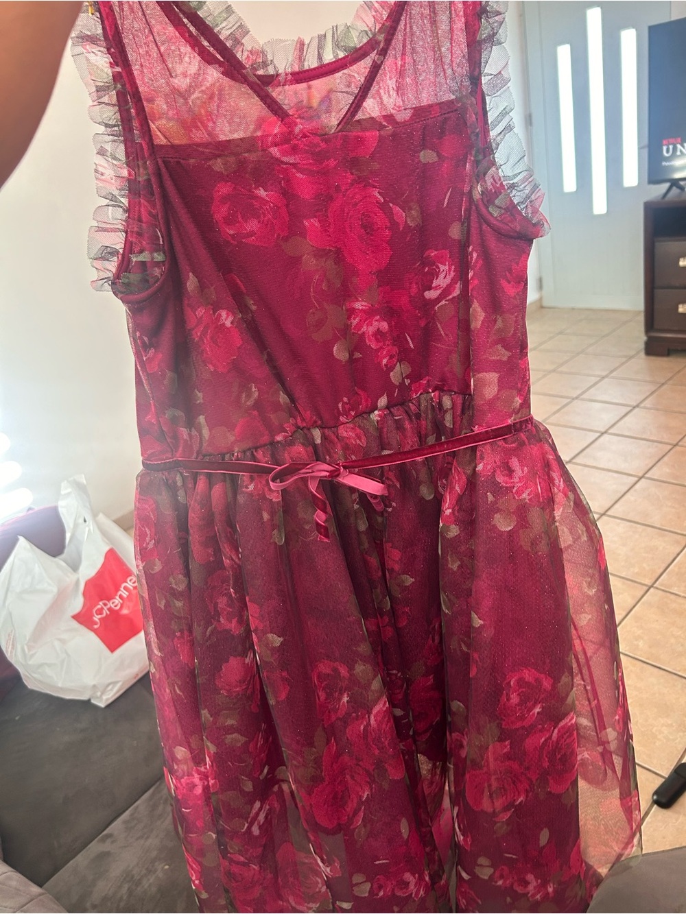 lilt Burgundy Floral Mesh Party Dress with Ribbon Waist